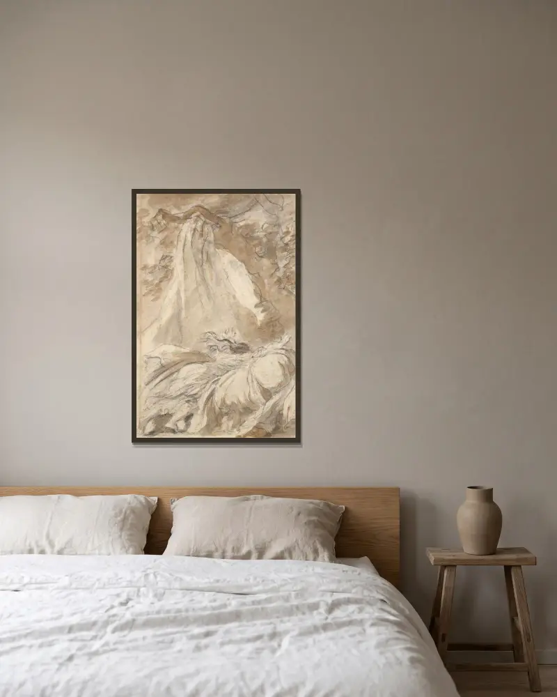 I förtvivlan kastar Olympia sig på sängen, illustration till Canto X, vers 27, av Lodovico Ariostos 'Orlando Furioso' av Jean-Honoré Fragonard inramad på en vägg