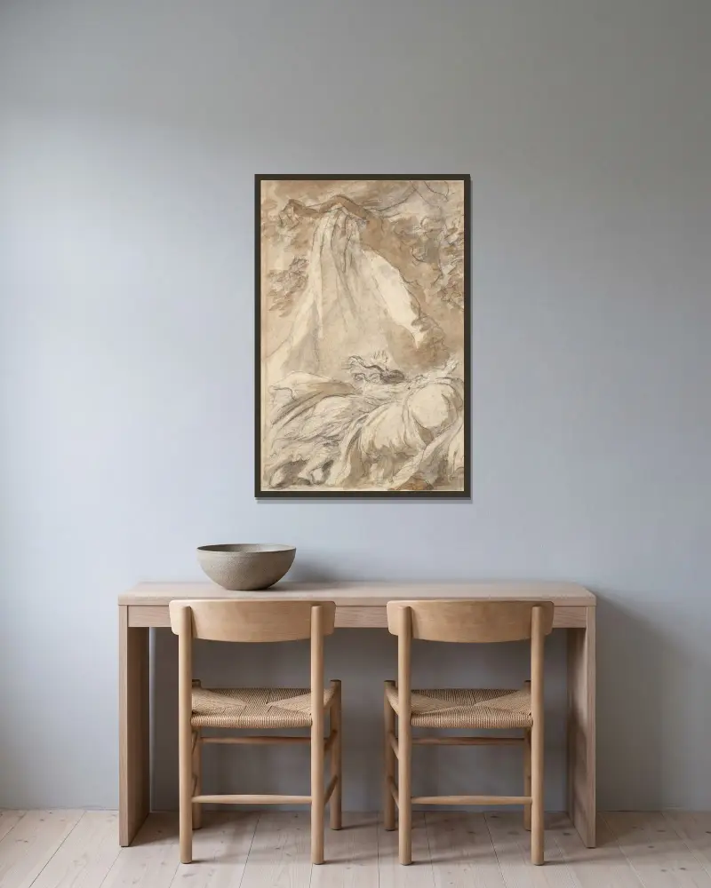 I förtvivlan kastar Olympia sig på sängen, illustration till Canto X, vers 27, av Lodovico Ariostos 'Orlando Furioso' av Jean-Honoré Fragonard inramad på en vägg