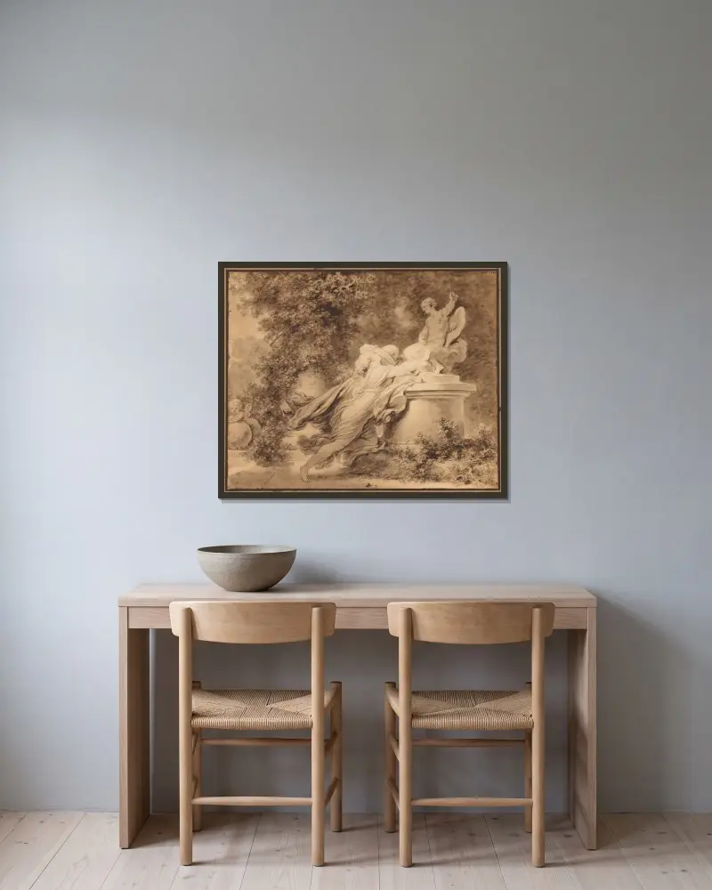 Invocation to Love av Jean-Honoré Fragonard inramad på en vägg