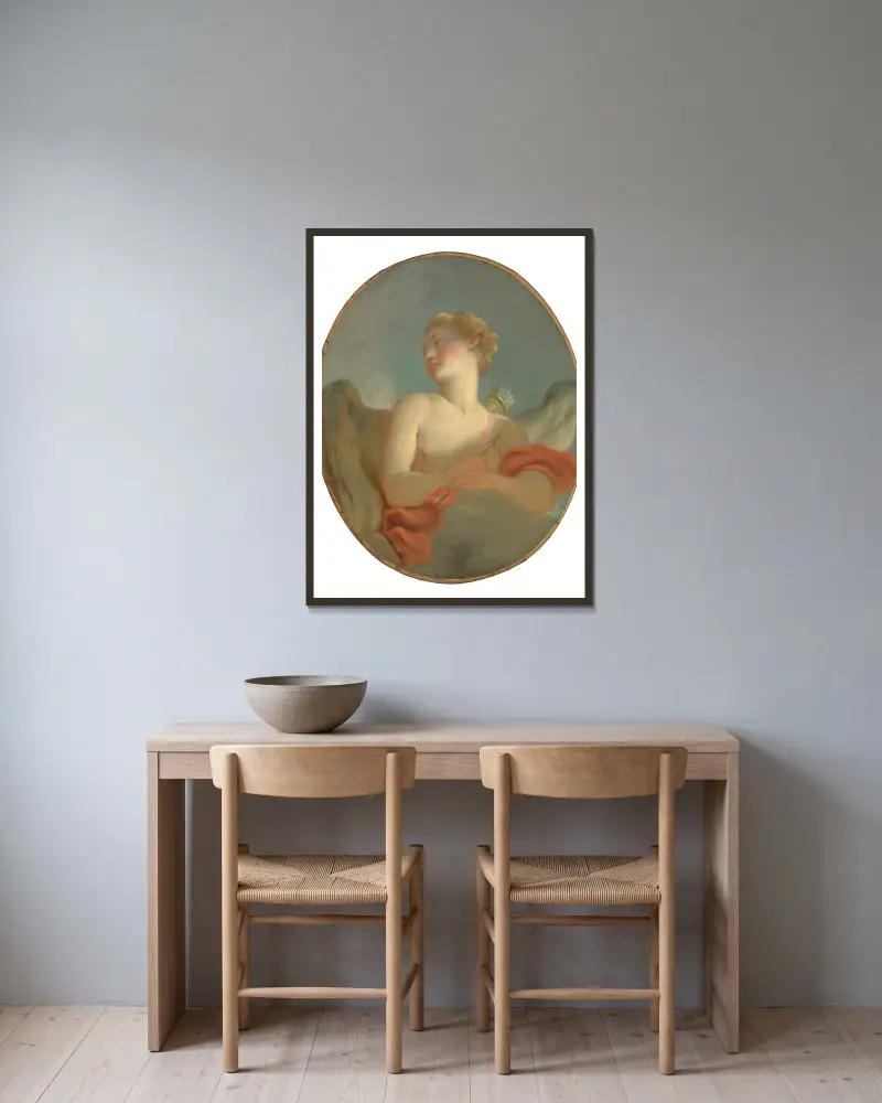 Kärleken; påstås vara ett porträtt av Marie Catherine Colombe (1751–1830) som Amor av Jean-Honoré Fragonard inramad på en vägg