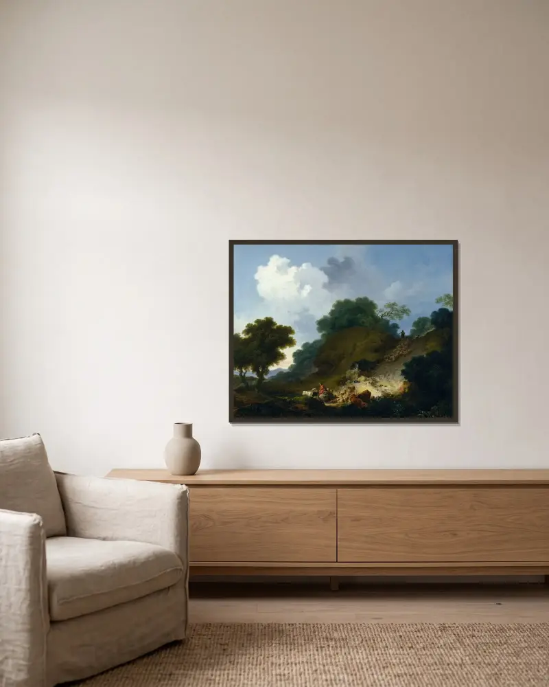 Landskap med herdar och fårflock av Jean-Honoré Fragonard inramad på en vägg