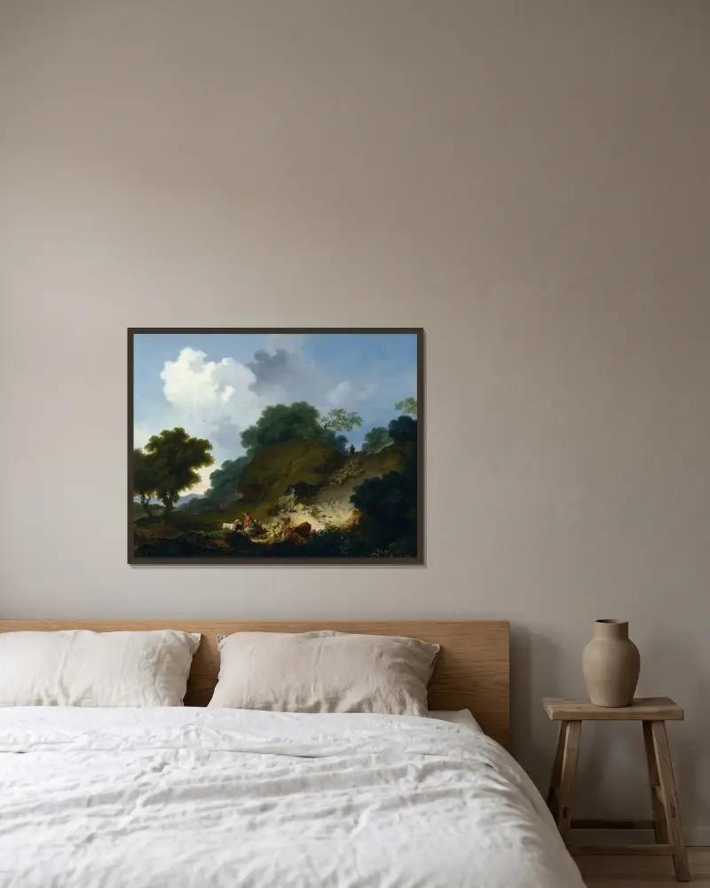 Landskap med herdar och fårflock av Jean-Honoré Fragonard inramad på en vägg