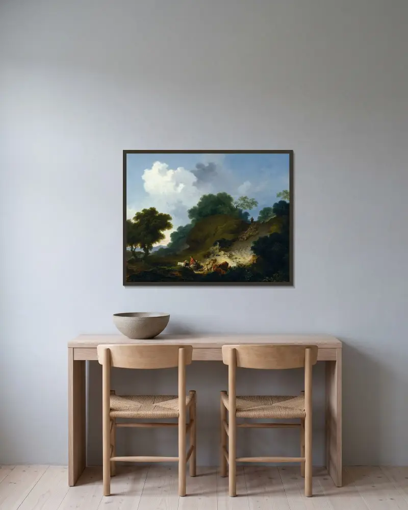 Landskap med herdar och fårflock av Jean-Honoré Fragonard inramad på en vägg