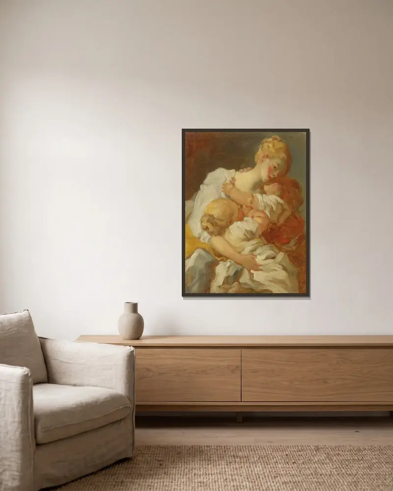Les Baisers Maternels av Jean-Honoré Fragonard inramad på en vägg
