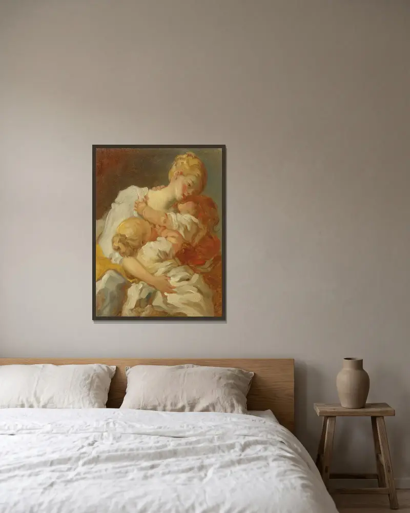Les Baisers Maternels av Jean-Honoré Fragonard inramad på en vägg