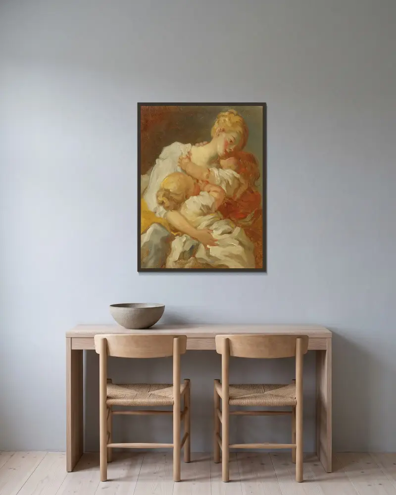 Les Baisers Maternels av Jean-Honoré Fragonard inramad på en vägg