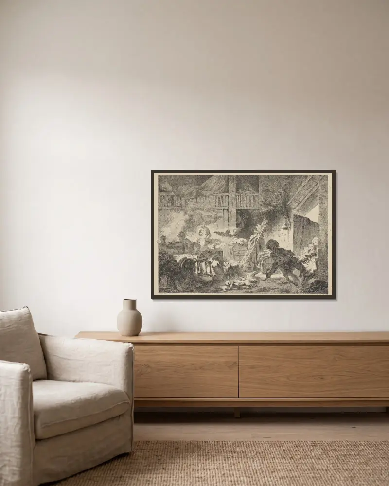 Les Petits Fermiers av Jean-Honoré Fragonard inramad på en vägg