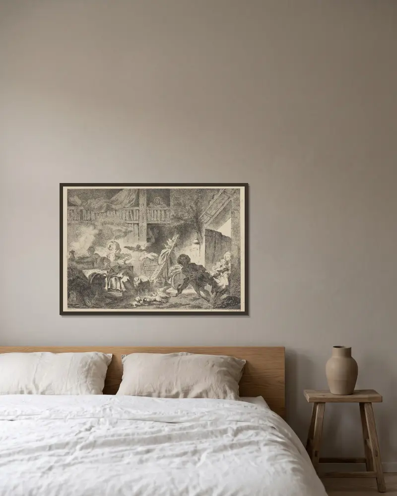 Les Petits Fermiers av Jean-Honoré Fragonard inramad på en vägg