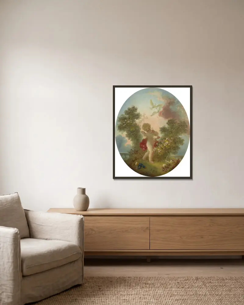 Amor als Wächter von Jean-Honoré Fragonard gerahmt an einer Wand