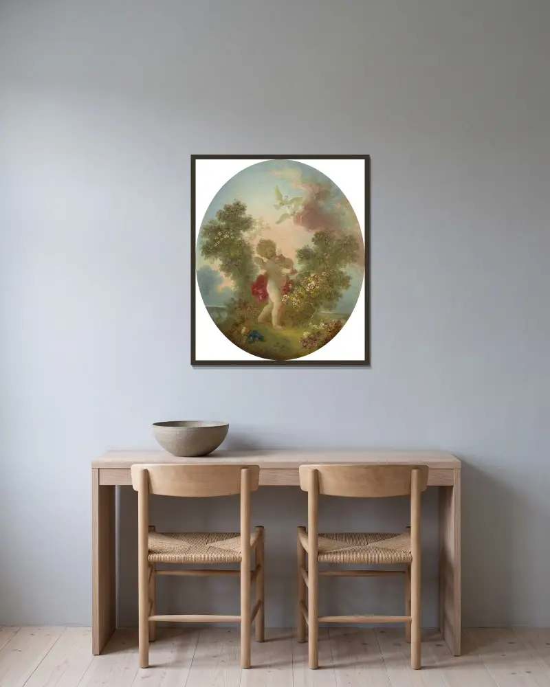 Amor als Wächter von Jean-Honoré Fragonard gerahmt an einer Wand