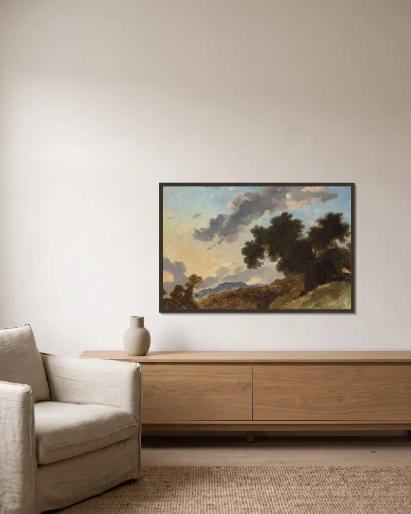 Mountain Landscape at Sunset av Jean-Honoré Fragonard inramad på en vägg