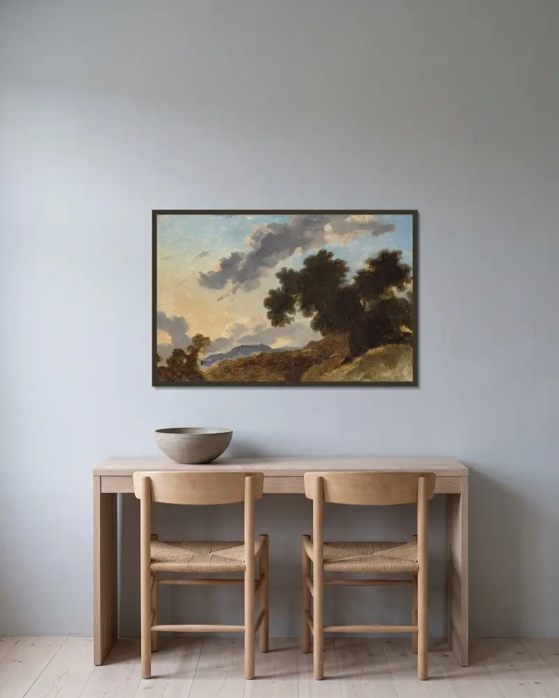 Mountain Landscape at Sunset av Jean-Honoré Fragonard inramad på en vägg