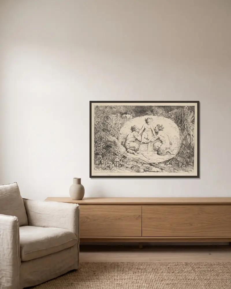 Nymphe, von zwei Satyrn gestützt von Jean-Honoré Fragonard gerahmt an einer Wand