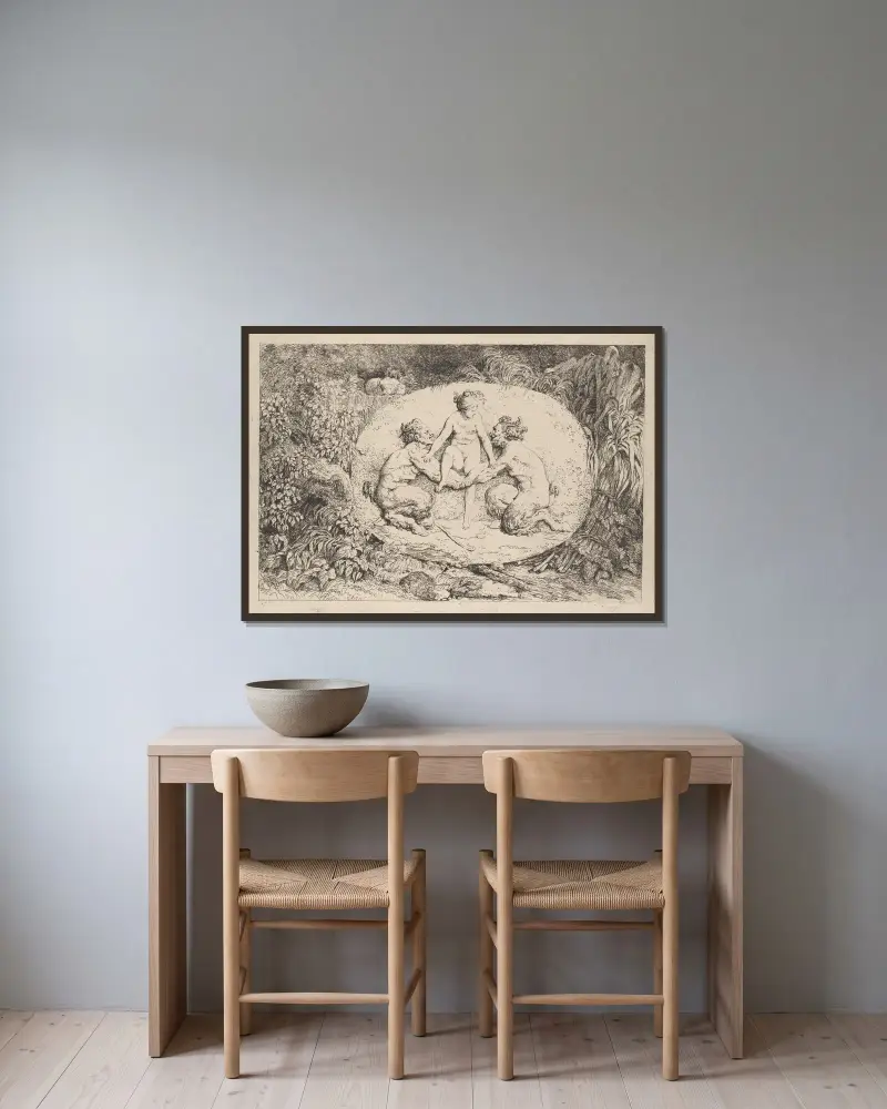 Nymphe, von zwei Satyrn gestützt von Jean-Honoré Fragonard gerahmt an einer Wand