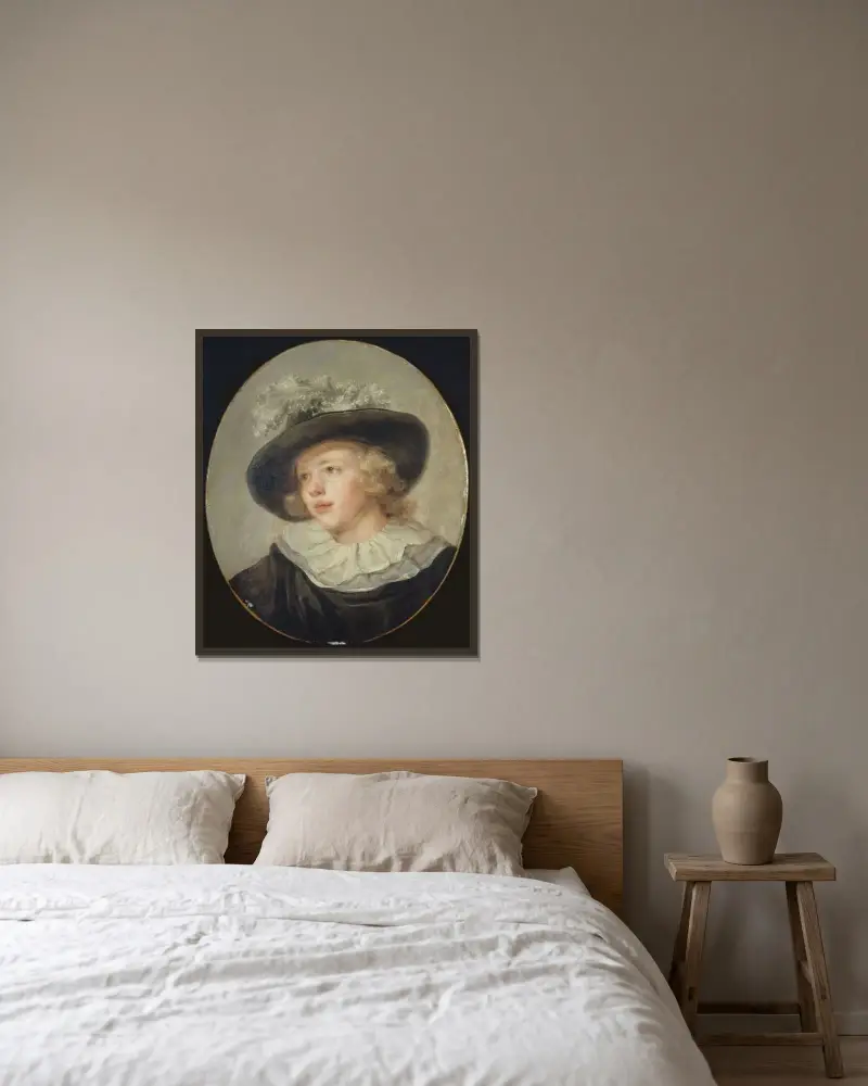 Portrait de jeune garçon avec un chapeau à plumes av Jean-Honoré Fragonard inramad på en vägg