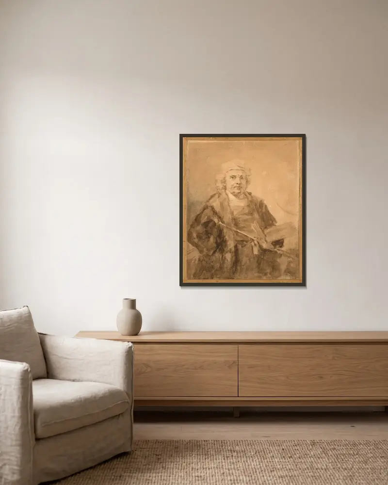 Porträtt av Rembrandt vid paletten av Jean-Honoré Fragonard inramad på en vägg