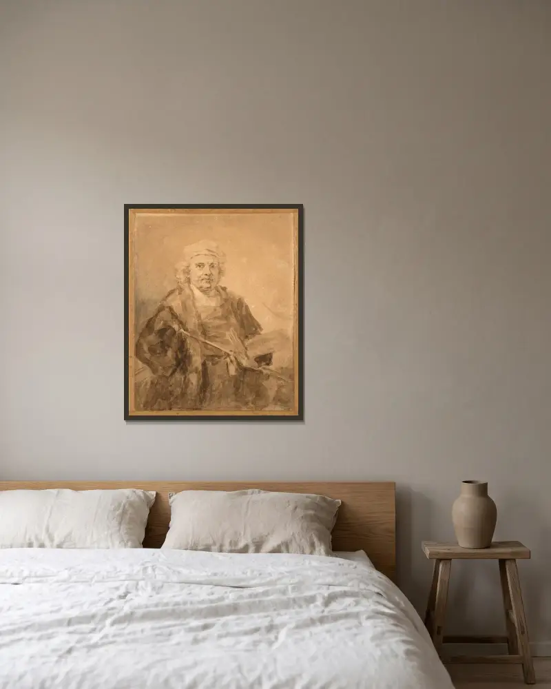 Porträtt av Rembrandt vid paletten av Jean-Honoré Fragonard inramad på en vägg