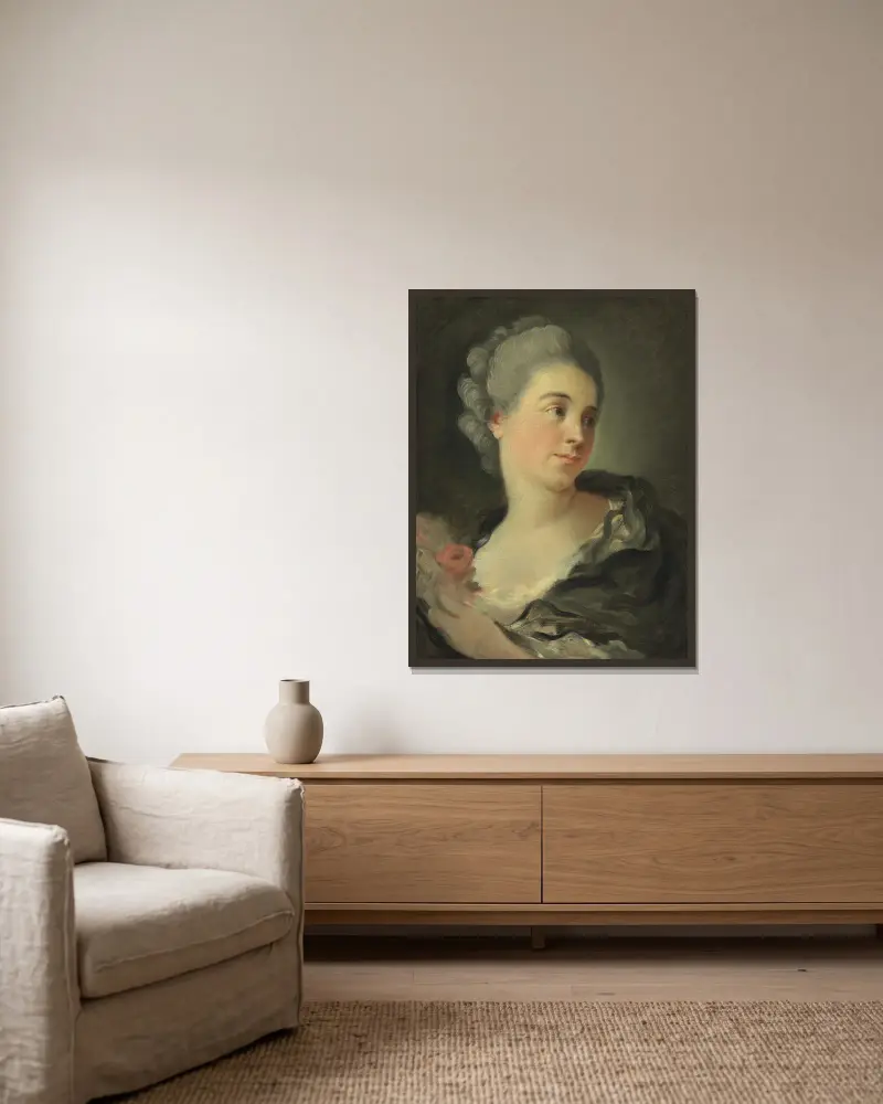 Porträtt av en ung kvinna, förmodligen Marie-Thérèse Colombe av Jean-Honoré Fragonard inramad på en vägg