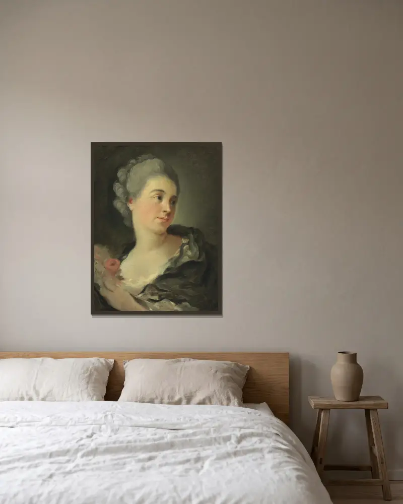 Porträtt av en ung kvinna, förmodligen Marie-Thérèse Colombe av Jean-Honoré Fragonard inramad på en vägg