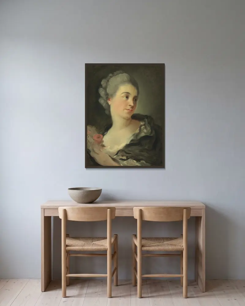 Porträtt av en ung kvinna, förmodligen Marie-Thérèse Colombe av Jean-Honoré Fragonard inramad på en vägg