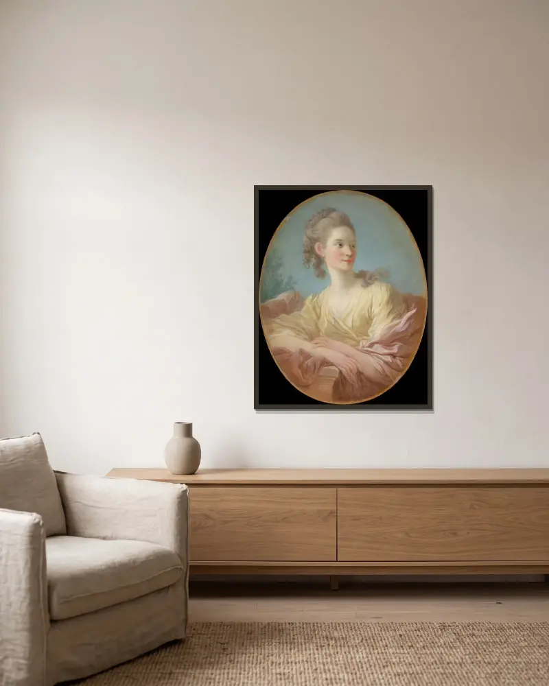 Portrait of a Young Woman av Jean-Honoré Fragonard inramad på en vägg