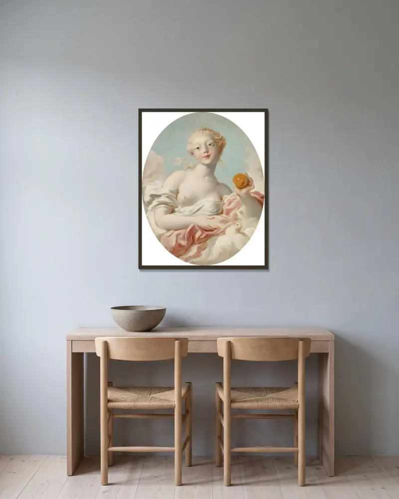 Porträtt som sägs föreställa mademoiselle Marie-Catherine Colombe som Venus av Jean-Honoré Fragonard inramad på en vägg