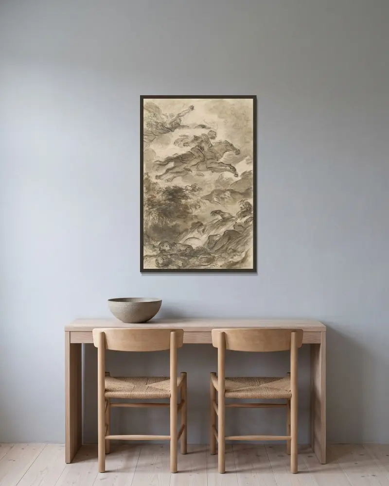 Rinaldo, ridande på Baiardo, flyger iväg i jakten på Angelica av Jean-Honoré Fragonard inramad på en vägg