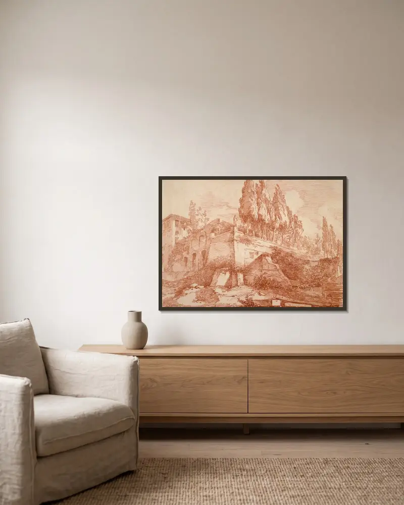 Ruiner av ett kejserligt palats, Rom av Jean-Honoré Fragonard inramad på en vägg