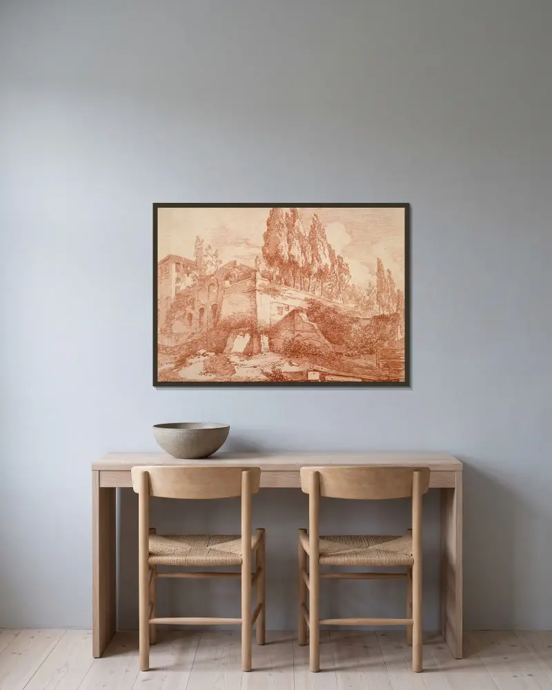 Ruiner av ett kejserligt palats, Rom av Jean-Honoré Fragonard inramad på en vägg