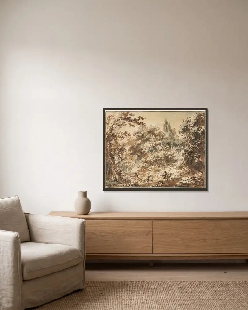 Scéna v parku, Jean-Honoré Fragonard v rámu na stěně