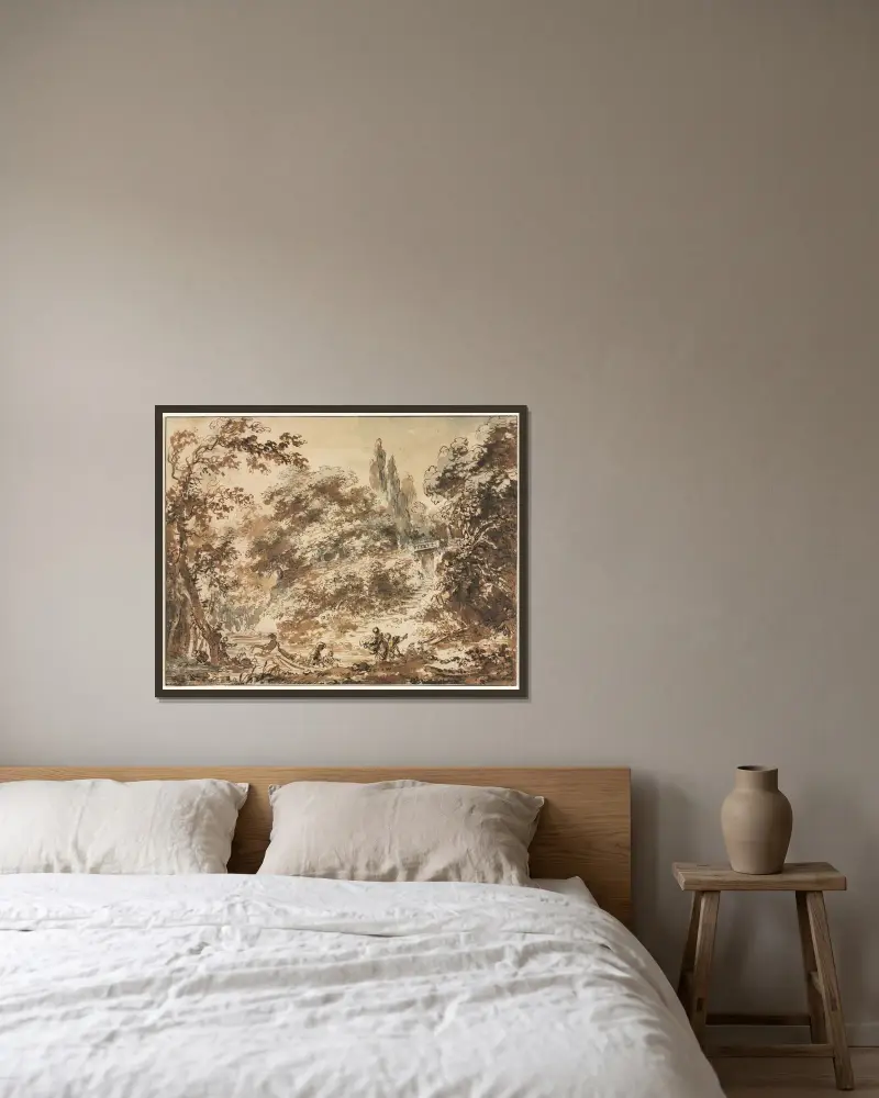 Scéna v parku, Jean-Honoré Fragonard v rámu na stěně