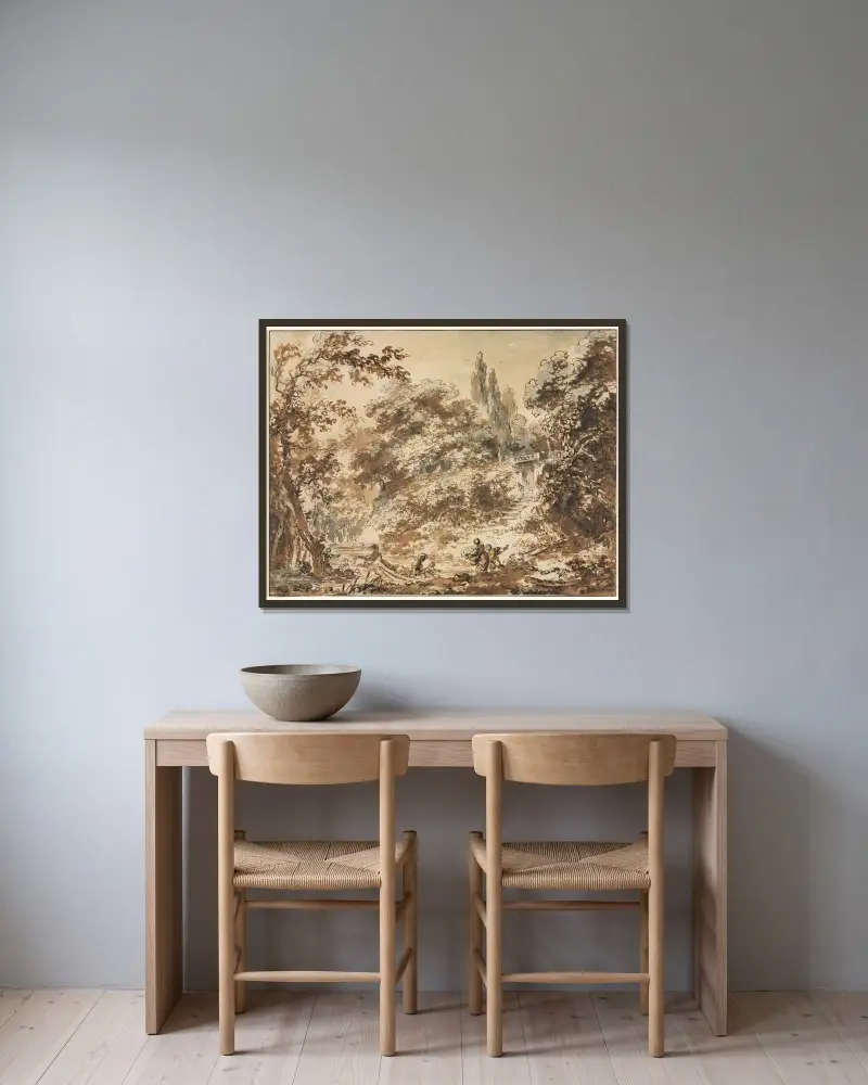 Scéna v parku, Jean-Honoré Fragonard v rámu na stěně