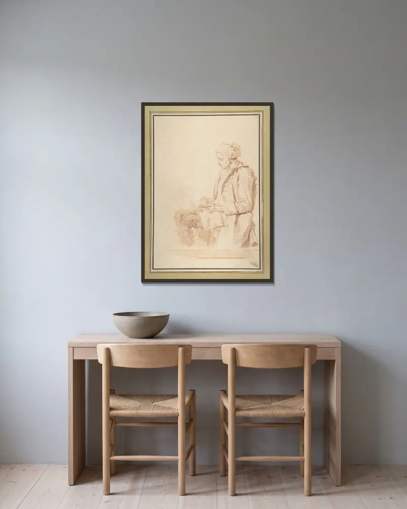 Sitzender lesender Mann von Jean-Honoré Fragonard gerahmt an einer Wand