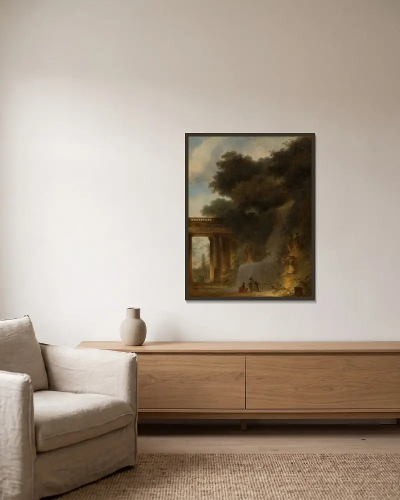 Der Wasserfall von Jean-Honoré Fragonard gerahmt an einer Wand