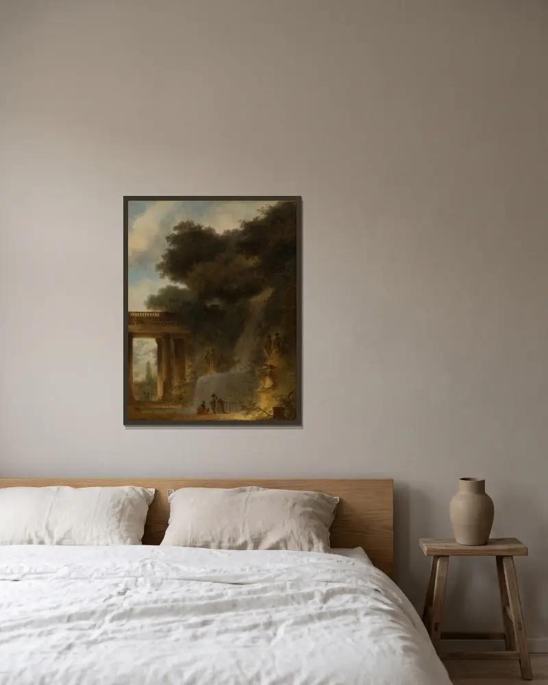 Der Wasserfall von Jean-Honoré Fragonard gerahmt an einer Wand