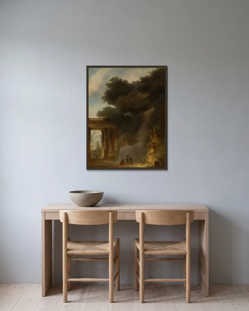 Der Wasserfall von Jean-Honoré Fragonard gerahmt an einer Wand