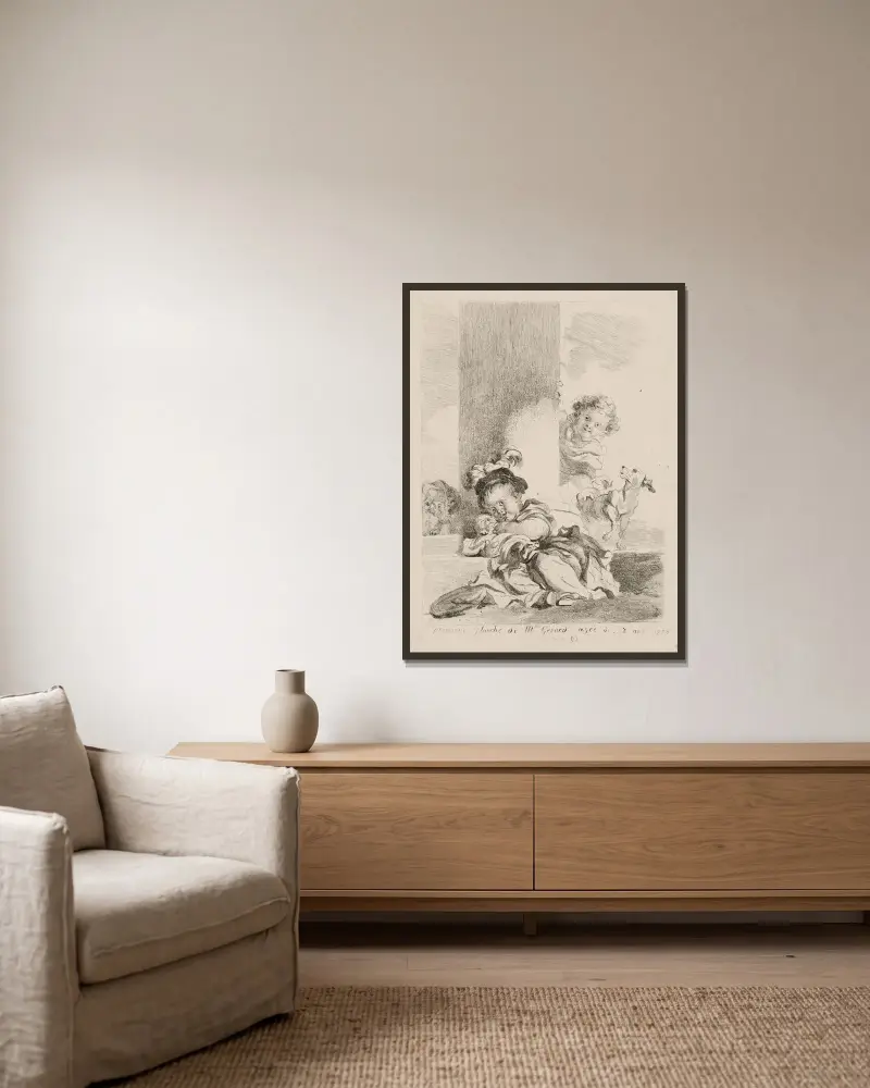 Barnet och katten av Jean-Honoré Fragonard inramad på en vägg