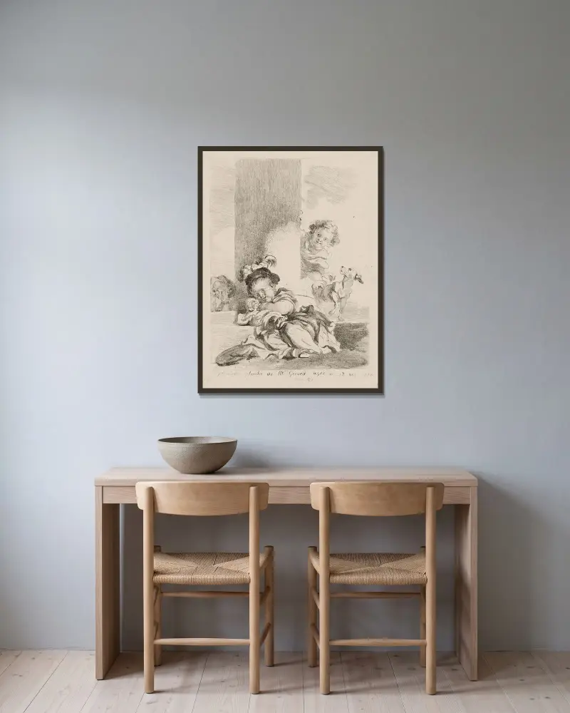 Barnet och katten av Jean-Honoré Fragonard inramad på en vägg