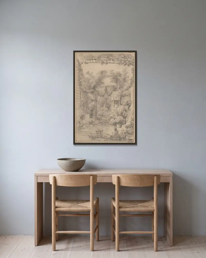 The Draftsman av Jean-Honoré Fragonard inramad på en vägg