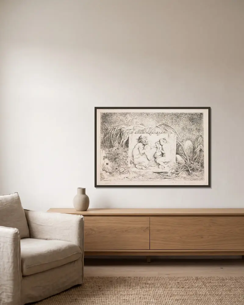 Satyrfamiljen av Jean-Honoré Fragonard inramad på en vägg