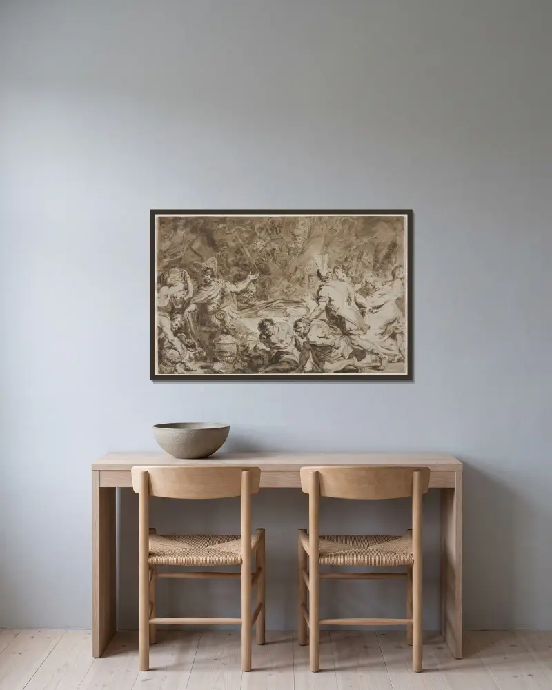 Das Begräbnis des Decius Mus von Jean-Honoré Fragonard gerahmt an einer Wand