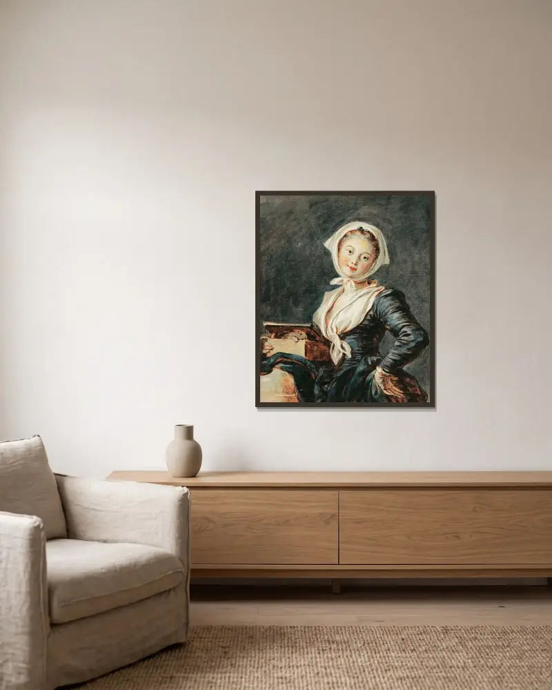 Flickan med murmeldjuret av Jean-Honoré Fragonard inramad på en vägg