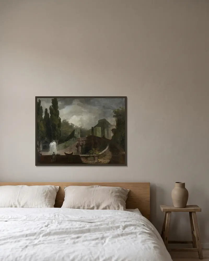 Den stora trappan i Villa d'Este i Tivoli av Jean-Honoré Fragonard inramad på en vägg