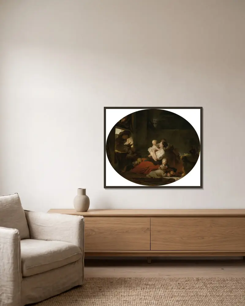 Den lyckliga familjen av Jean-Honoré Fragonard inramad på en vägg