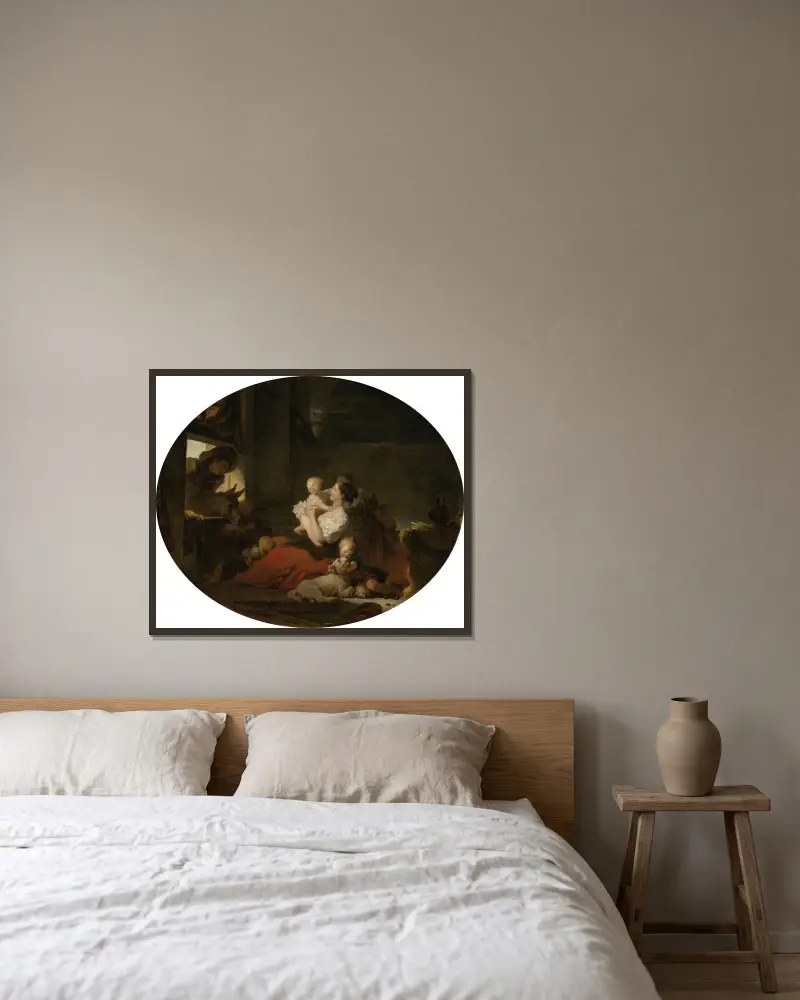 Den lyckliga familjen av Jean-Honoré Fragonard inramad på en vägg