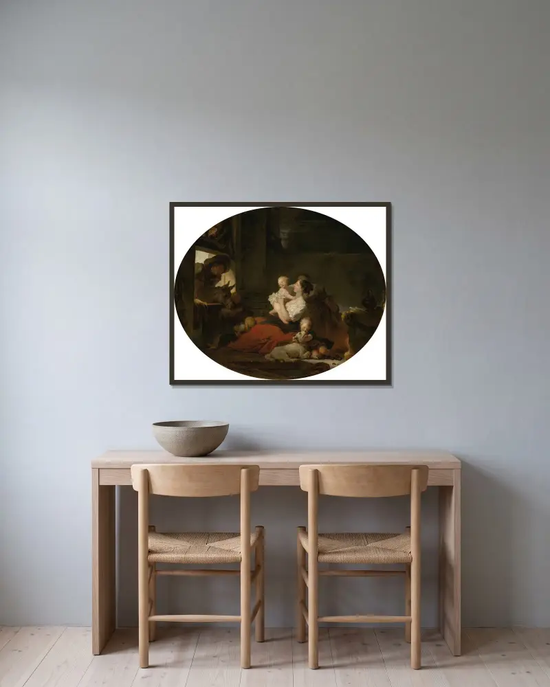 Den lyckliga familjen av Jean-Honoré Fragonard inramad på en vägg
