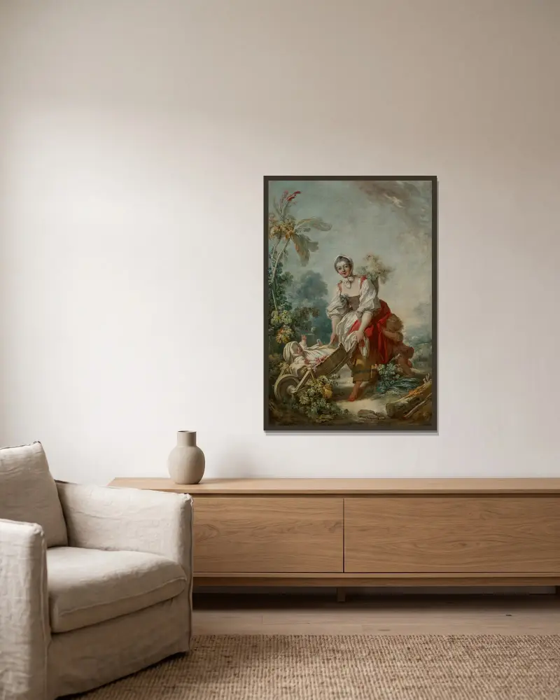 Moderskapets glädje av Jean-Honoré Fragonard inramad på en vägg