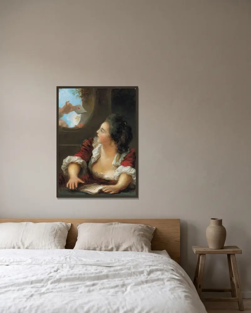 Kärleksbrevet – nr 1 av Jean-Honoré Fragonard inramad på en vägg
