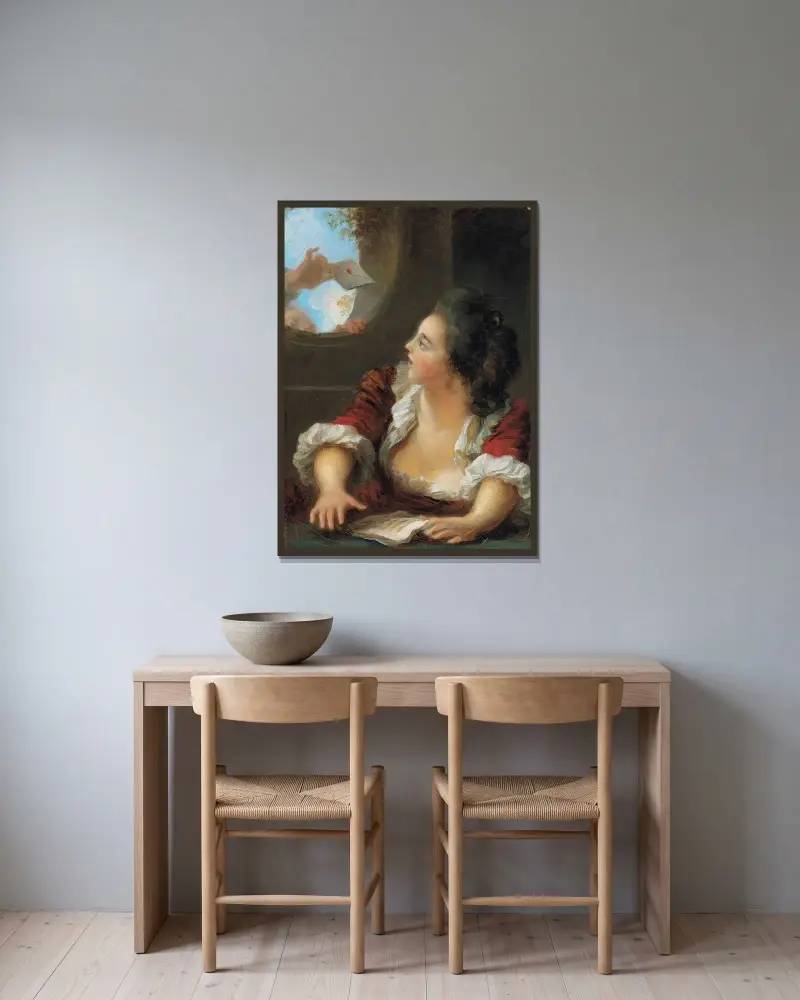 Kärleksbrevet – nr 1 av Jean-Honoré Fragonard inramad på en vägg