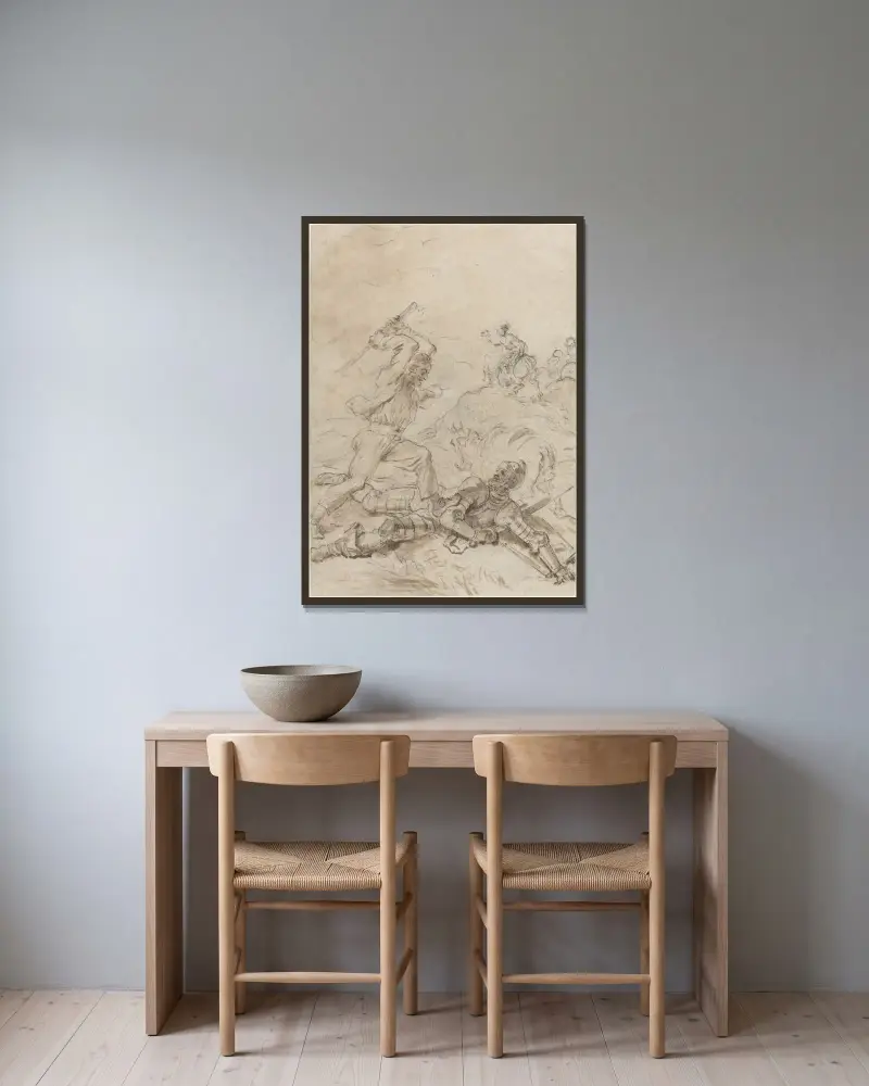 Der Maulesel greift Don Quijote an, während er hilflos am Boden liegt von Jean-Honoré Fragonard gerahmt an einer Wand